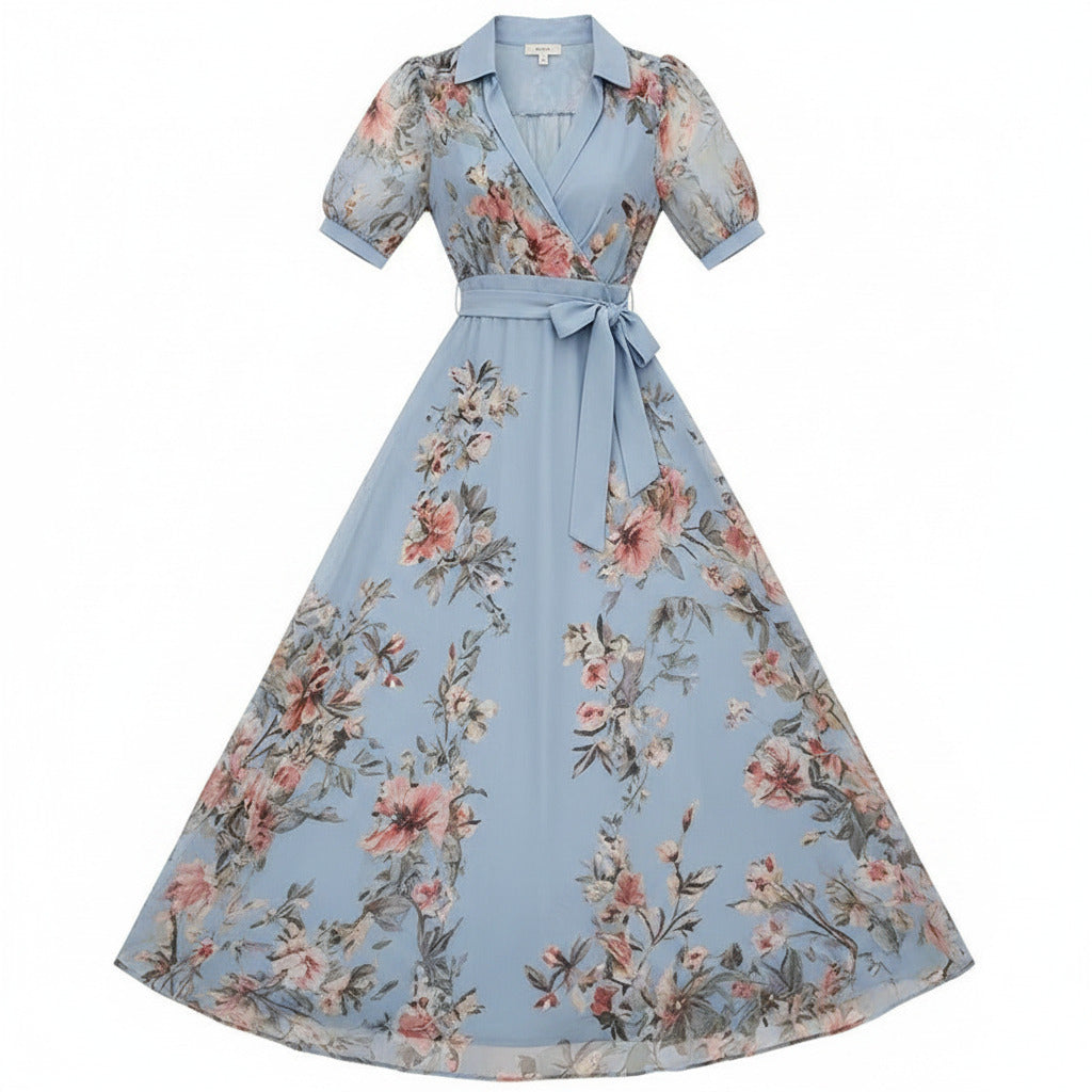 Women's Floral Collared Wrap Belted Flared Maxi Dress Sheer Long Sleeve Self Tie