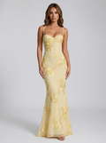 Yellow corset bodice maxi dress with thin shoulder straps, floral embroidery, fitted silhouette
