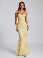 Yellow corset bodice maxi dress with thin shoulder straps, floral embroidery, fitted silhouette