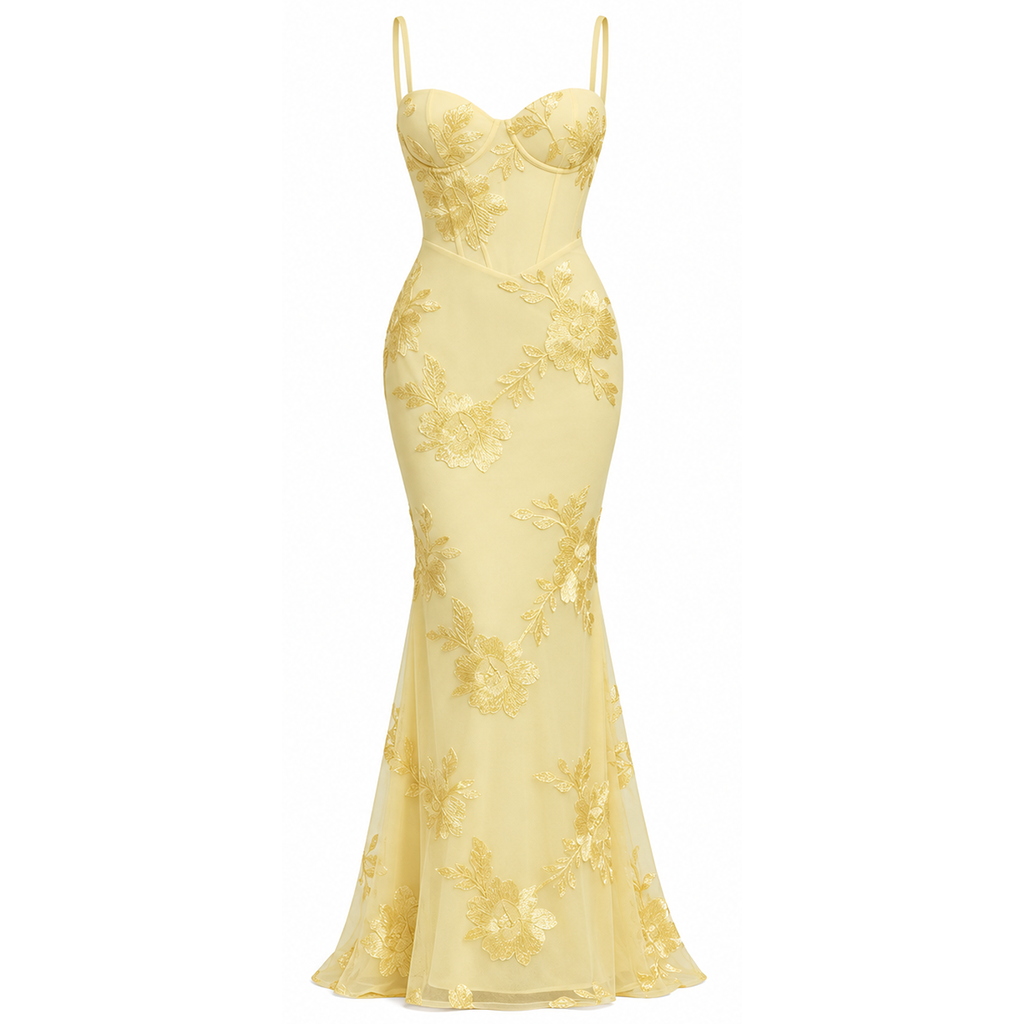 Yellow corset bodice maxi dress with spaghetti straps, floral embroidery, mermaid silhouette