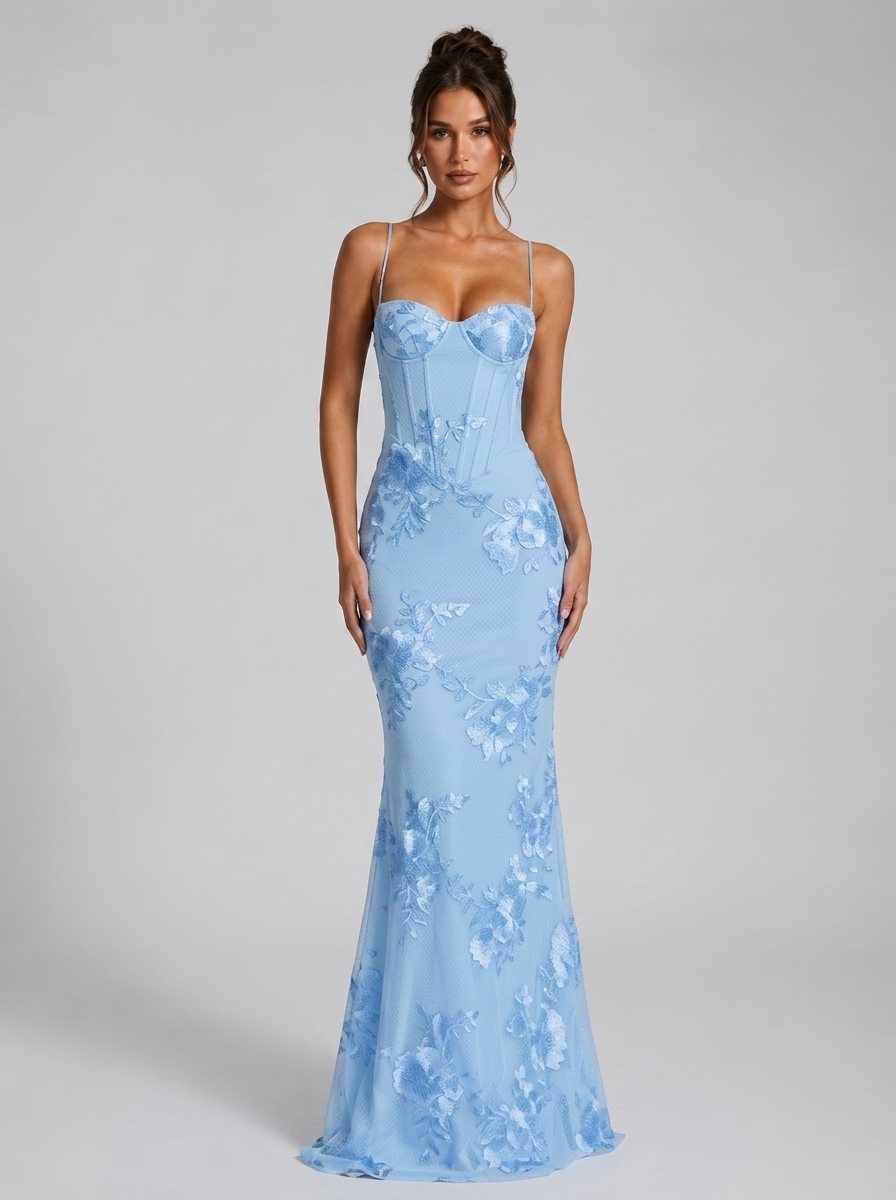 Light blue corset bodice maxi dress with thin straps, floral embroidery, fitted mermaid silhouette