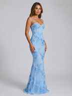 Light blue corset bodice maxi dress with spaghetti straps and floral embroidery, mermaid maxi