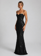 Black corset bodice maxi dress with spaghetti straps and floral embroidery, fitted full length