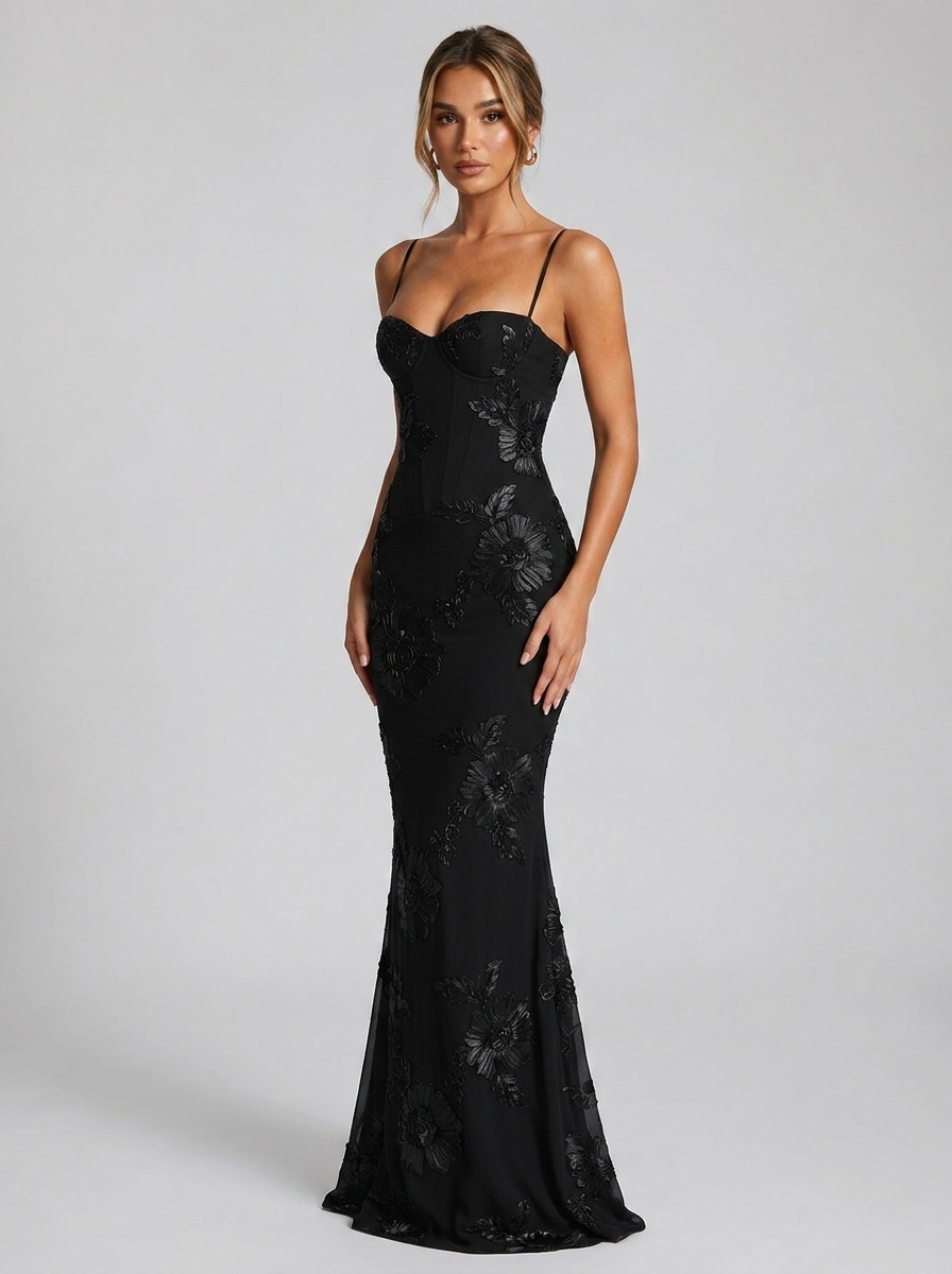 Black corset bodice maxi dress with spaghetti straps and floral embroidery, fitted full length