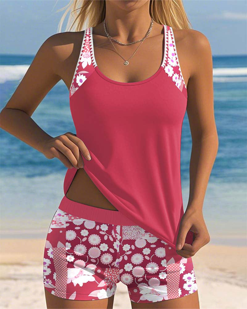 Pink floral racerback tankini top and matching boy shorts set