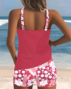 Pink racerback tankini top with back cutout and floral boy shorts set