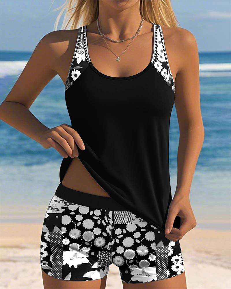 Black racerback tankini top with floral side boy shorts set