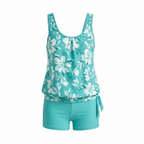 Turquoise floral tankini top with matching boy shorts set, front scoop and bow detail