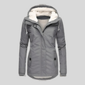 Long hooded winter coat with faux-fur lining, dark gray exterior and front zipper
