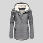 Long hooded winter coat with faux-fur lining, dark gray exterior and front zipper