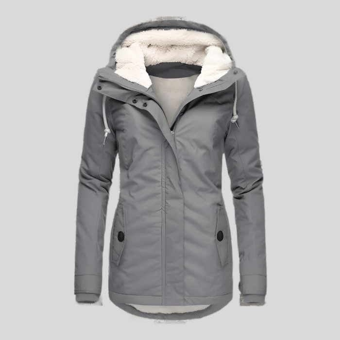 Long hooded winter coat with faux-fur lining, dark gray exterior and front zipper