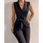 Women's black sleeveless wrap jumpsuit, tied waist, decorative button pocket details