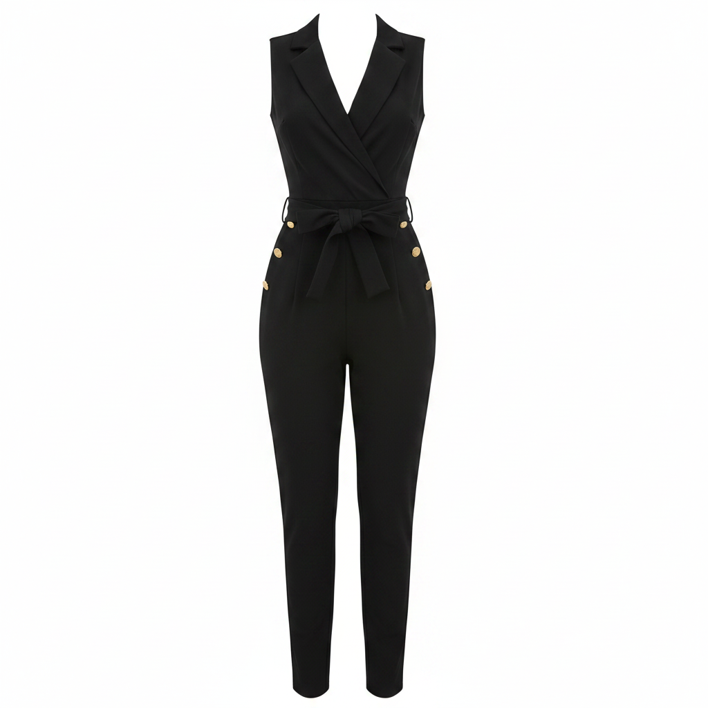 Black sleeveless wrap jumpsuit with tied waist and gold button accents, tailored pants