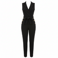 Black sleeveless wrap jumpsuit with tied waist and gold button accents, tailored pants