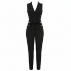 Black sleeveless wrap jumpsuit with tied waist and gold button accents, tailored pants