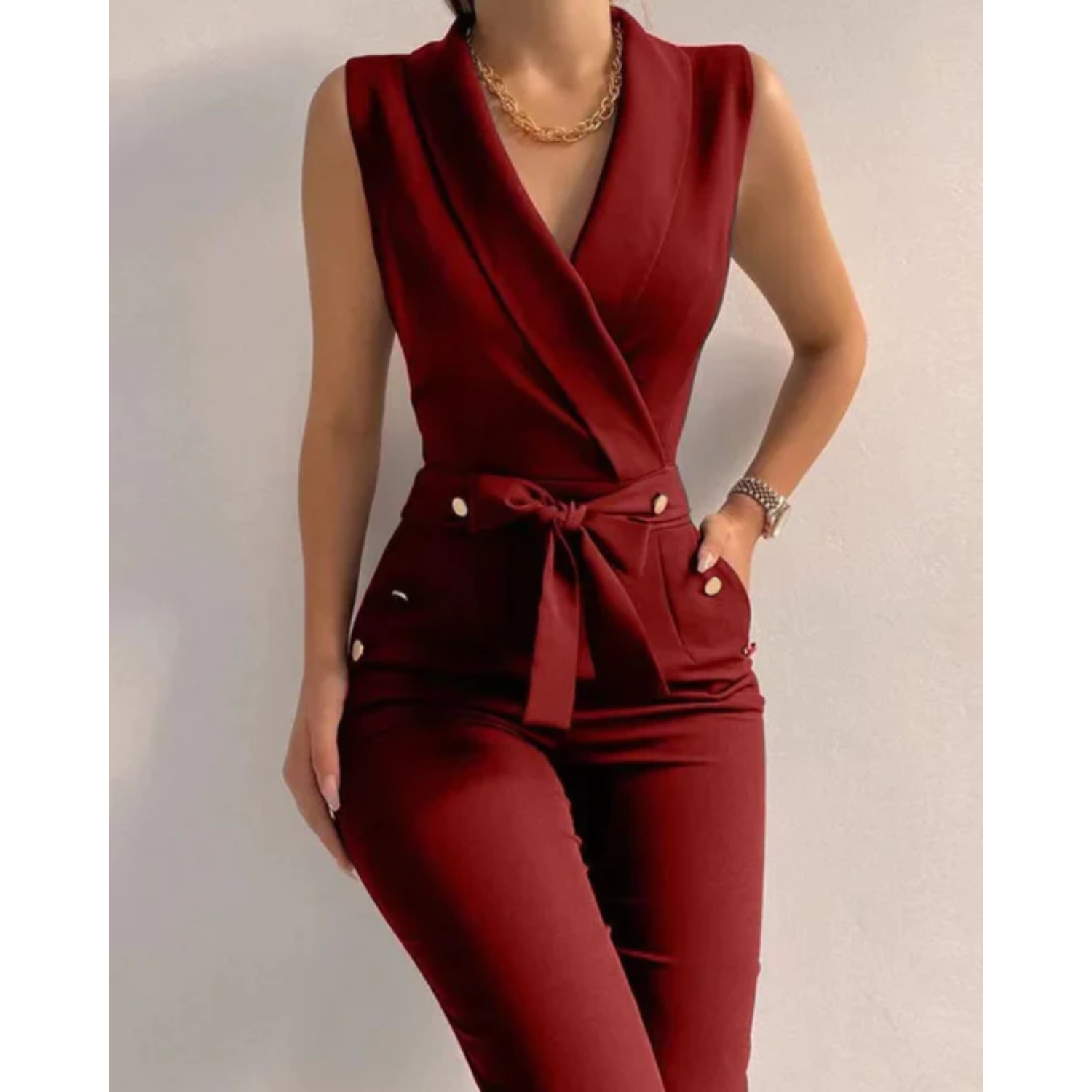 Women's wine red sleeveless wrap jumpsuit, tied waist, decorative button pocket details