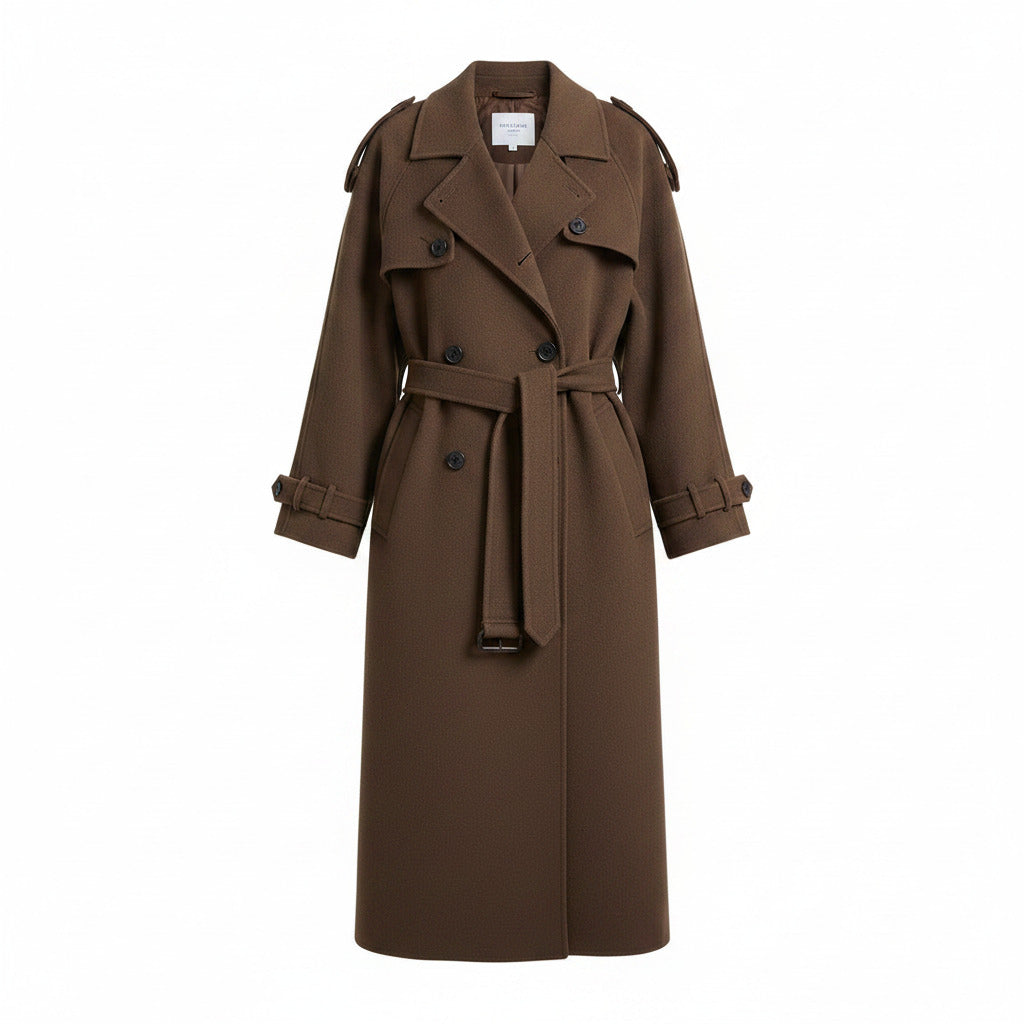 Women’s oversized wool-feel trench coat, dark brown belted double-breasted with flap pockets