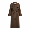 Women’s oversized wool-feel trench coat, dark brown belted double-breasted with flap pockets