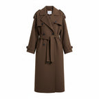 Women’s oversized wool-feel trench coat, dark brown belted double-breasted with flap pockets