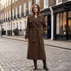 Women's wool-look oversized trench coat, double-breasted, belted waist, long brown coat