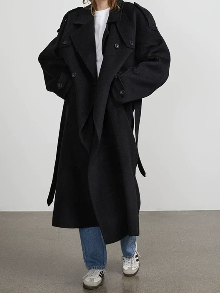 Women’s oversized wool-feel trench coat, black belted double-breasted with lapel collar