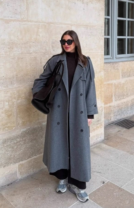 Women’s oversized wool-feel trench coat, heather gray belted double-breasted with epaulets