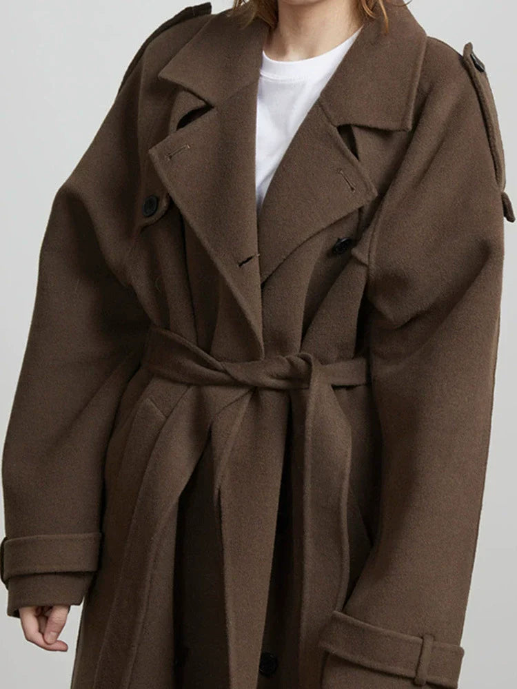 Women’s oversized wool-feel trench coat, dark brown belted front with wide lapels