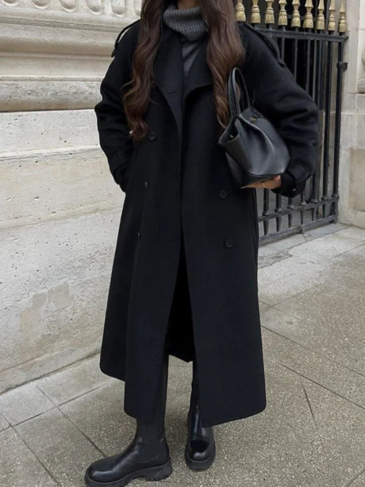Women’s oversized wool-feel trench coat, black belted double-breasted with long side vents