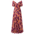 Purple and orange off-shoulder pleated maxi dress with draped neckline