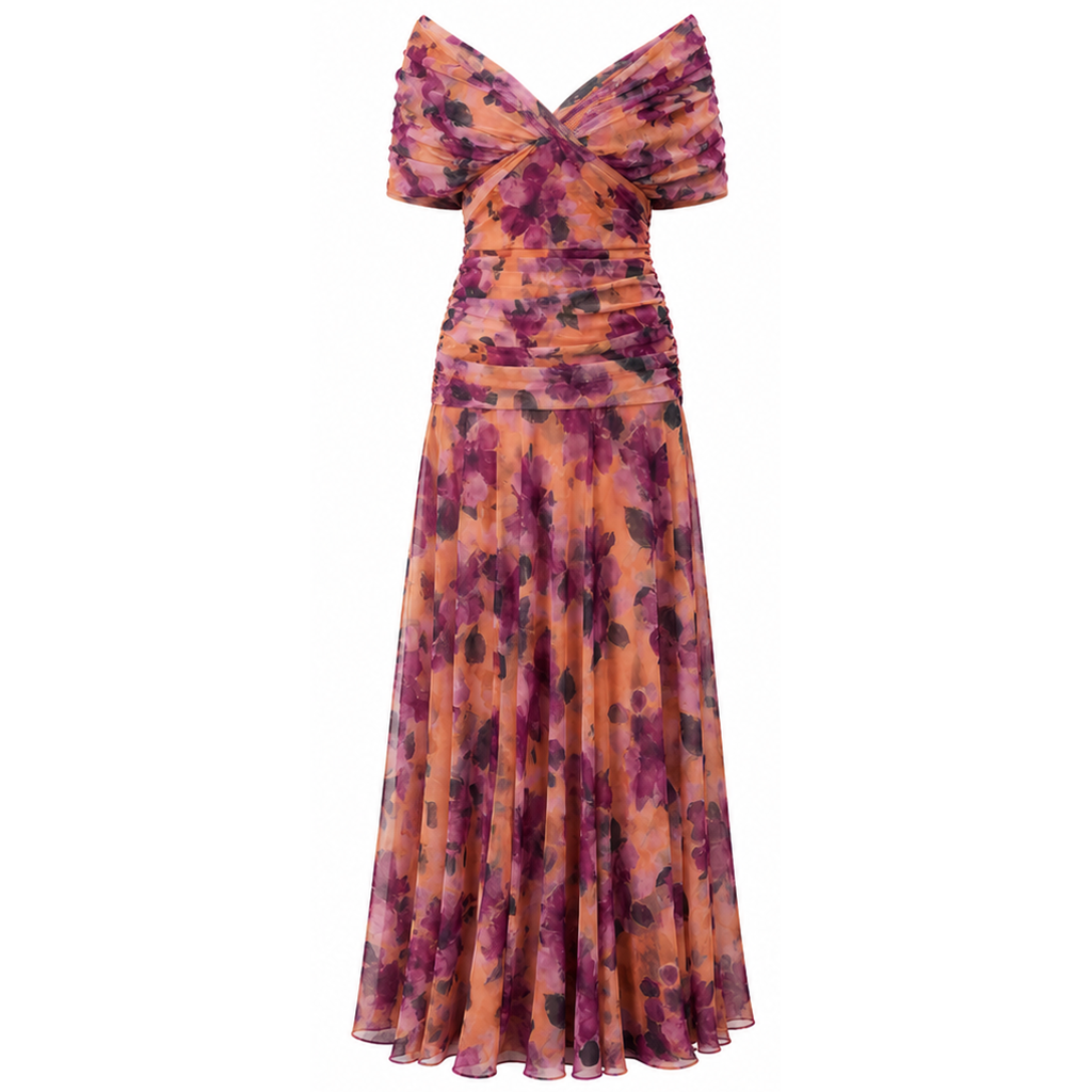Purple and orange off-shoulder pleated maxi dress with draped neckline