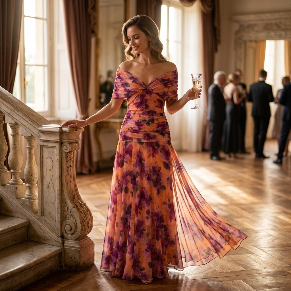 Purple off-shoulder pleated maxi dress with flowing draped skirt