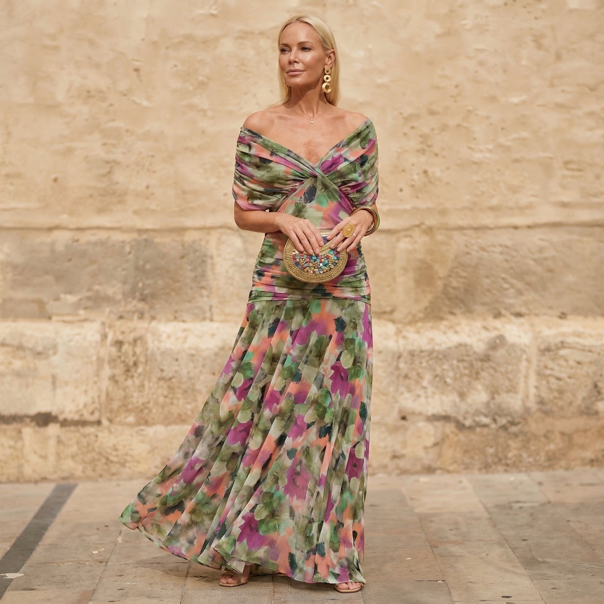 Multicolor off-shoulder pleated maxi dress with draped V neckline