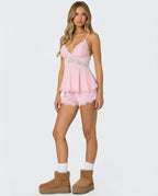 Soft pink lace-trim cami and shorts set with lace overlay and scalloped edges