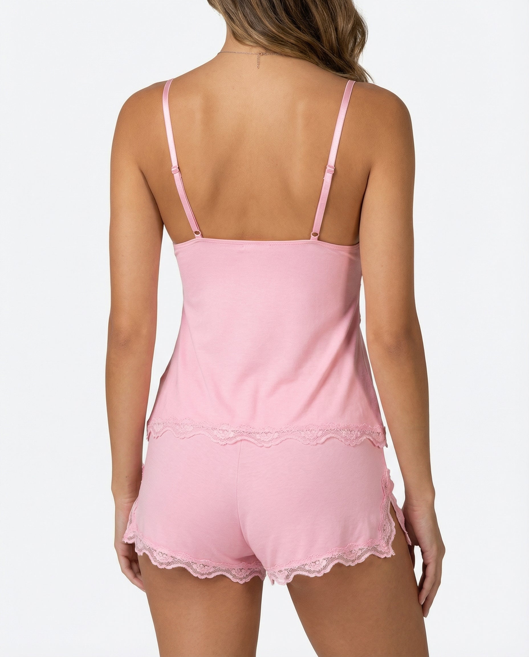 Soft pink lace-trim cami and shorts set, open-back racer straps, scalloped hem