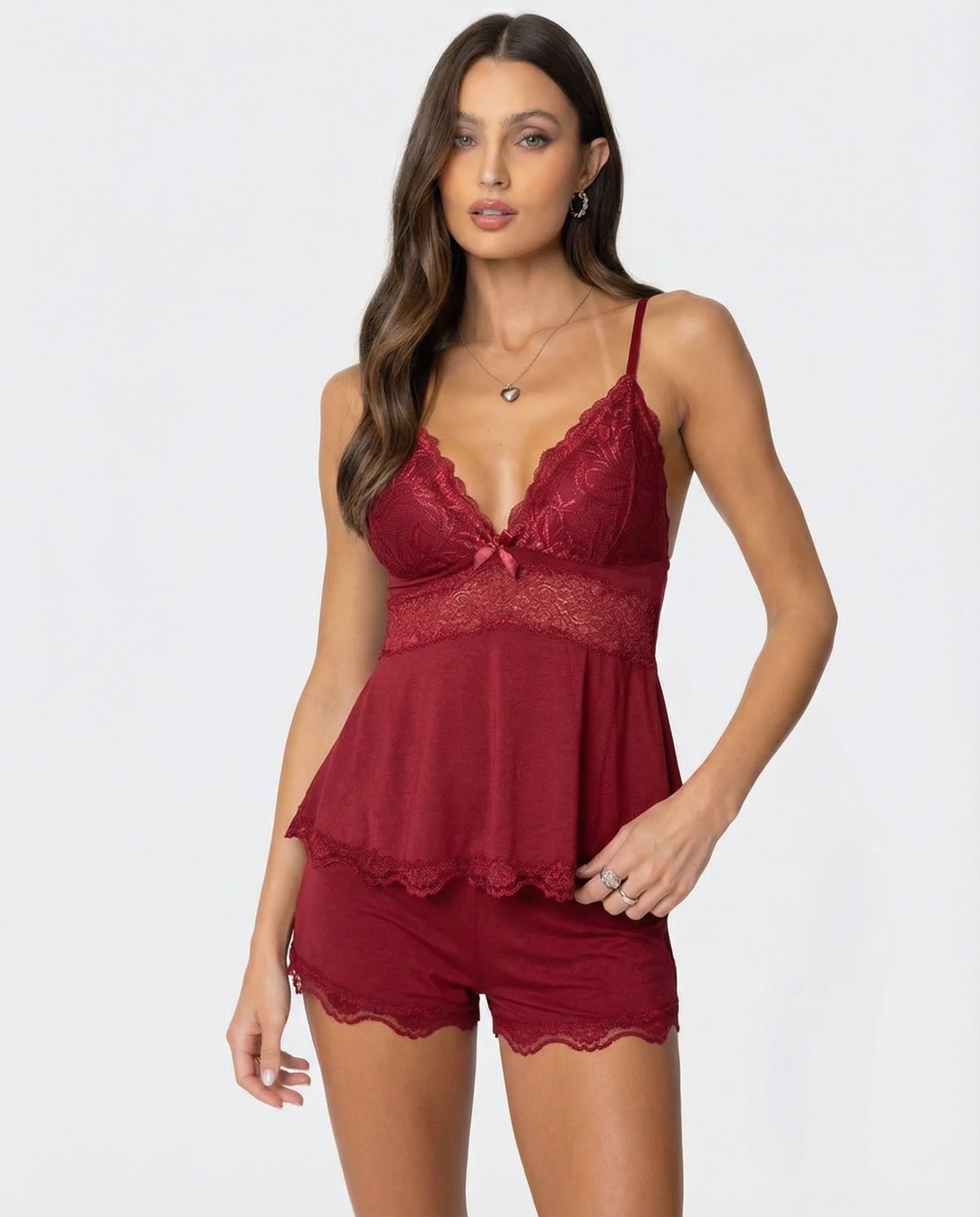 Burgundy lace-trim cami and shorts set, V-neck lace bust and scalloped hem
