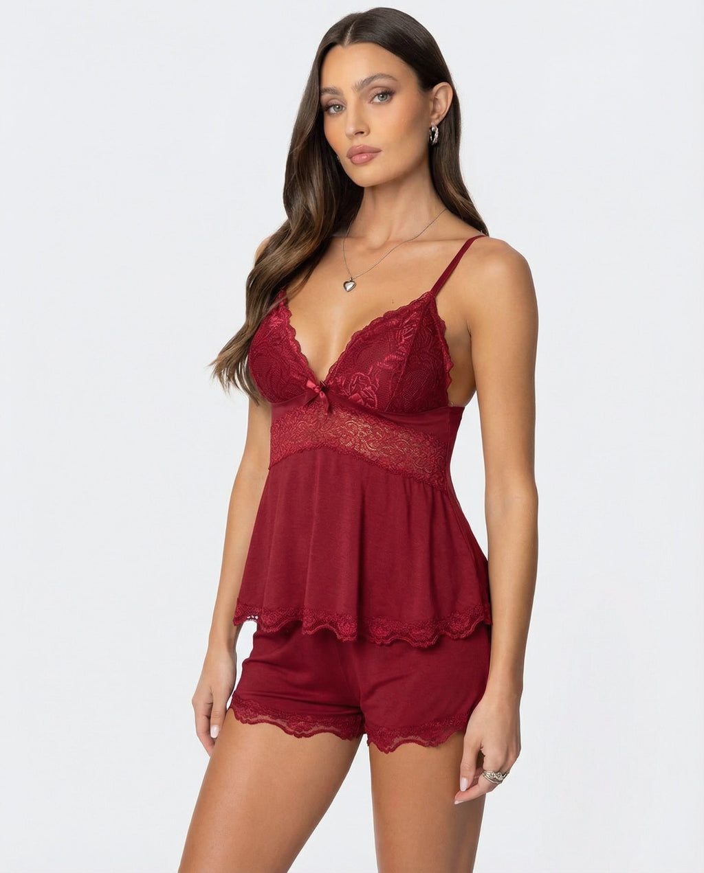 Burgundy lace-trim cami and shorts set with lace yoke and scalloped edge trim