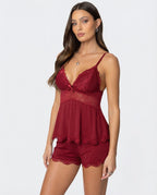 Burgundy lace-trim cami and shorts set with lace yoke and scalloped edge trim