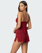Burgundy lace-trim cami and shorts set, open-back racer straps, scalloped hem