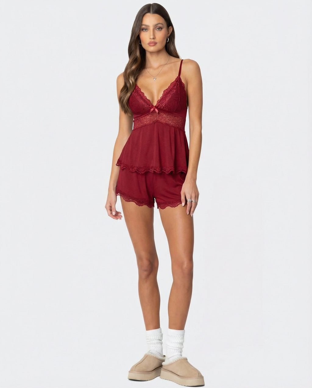 Burgundy lace-trim cami and shorts set with V-neck lace bust and lace shorts