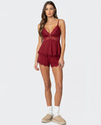 Burgundy lace-trim cami and shorts set with V-neck lace bust and lace shorts