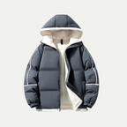 Gray padded hooded parka with full zip and white-lined interior, side pockets