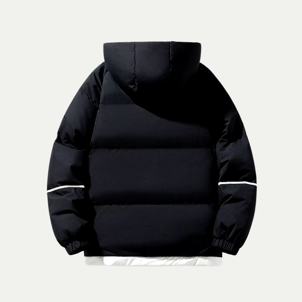 Black padded hooded parka with hood and quilted back, ribbed cuffs and hem