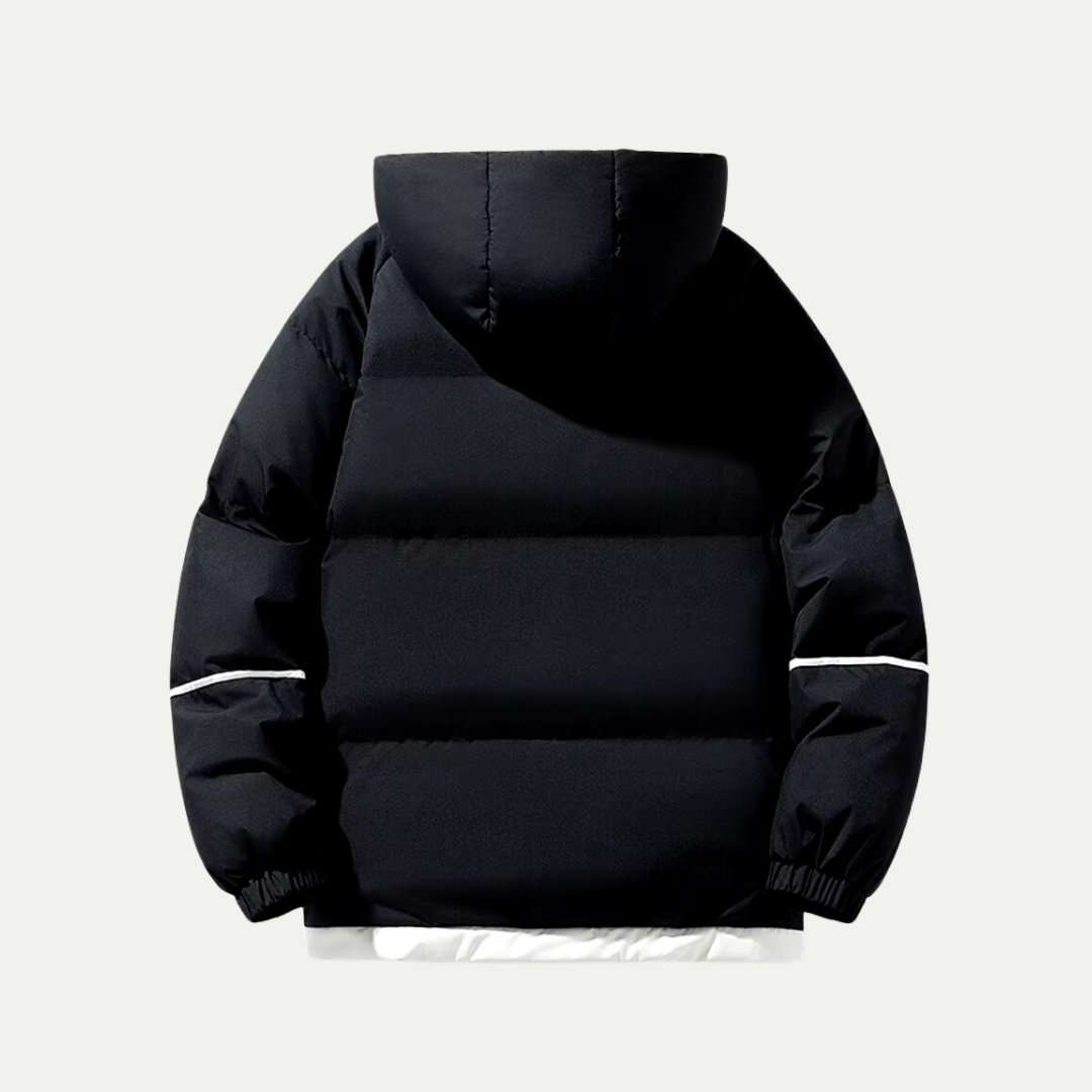 Black padded hooded parka with hood and quilted back, ribbed cuffs and hem