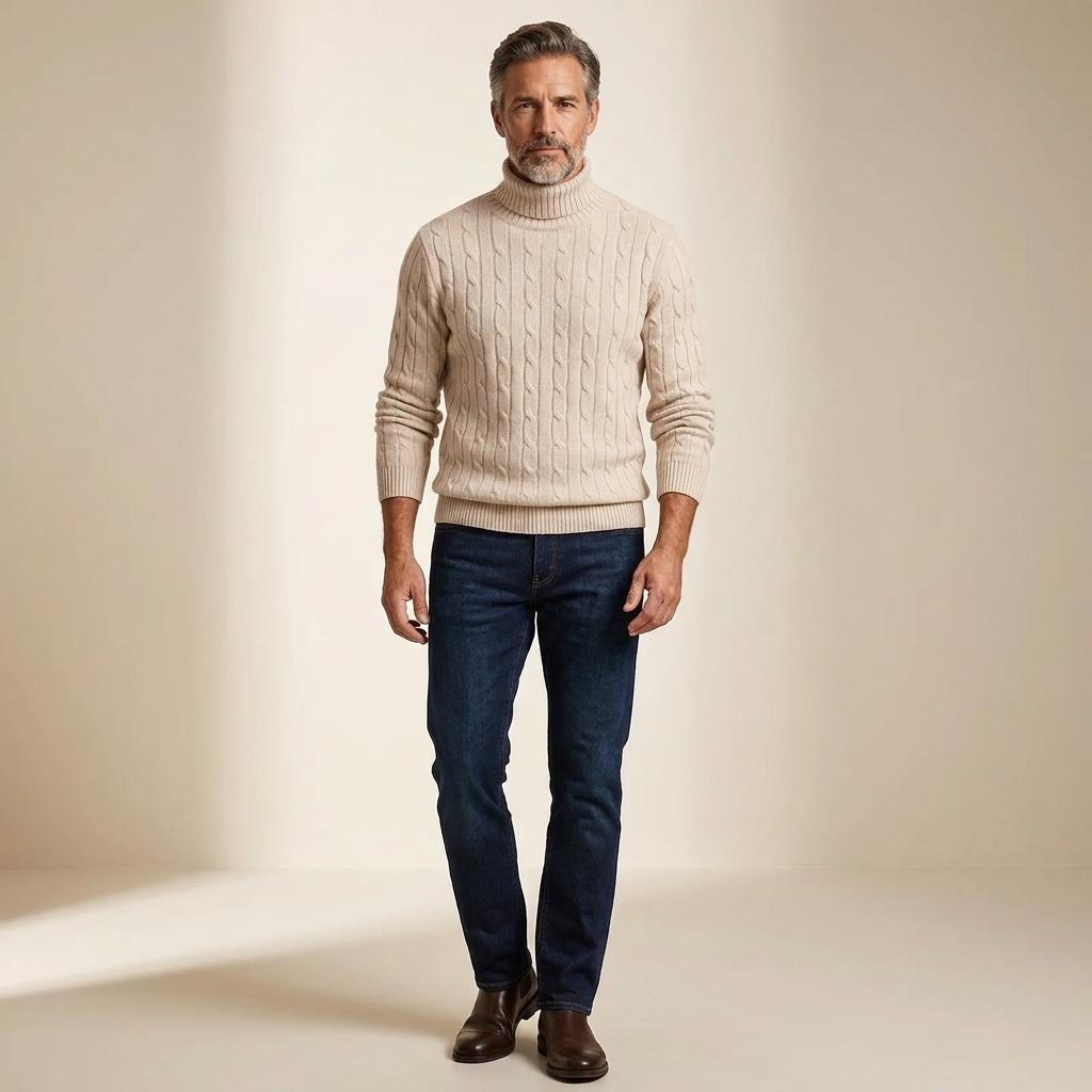 Mens beige ribbed slim-fit turtleneck sweater, cable knit texture, long sleeves