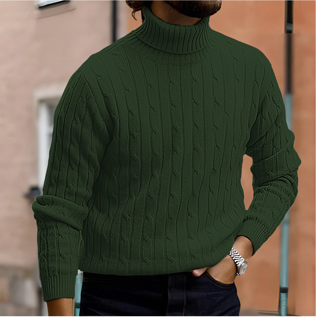 Men's slim-fit turtleneck sweater in green cable knit texture, long sleeves, ribbed cuffs