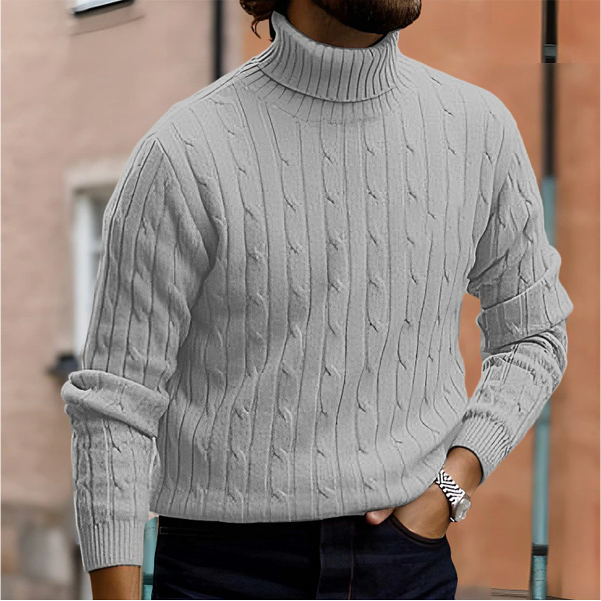 Men's slim-fit turtleneck sweater in light gray cable knit texture, long sleeves, ribbed cuffs