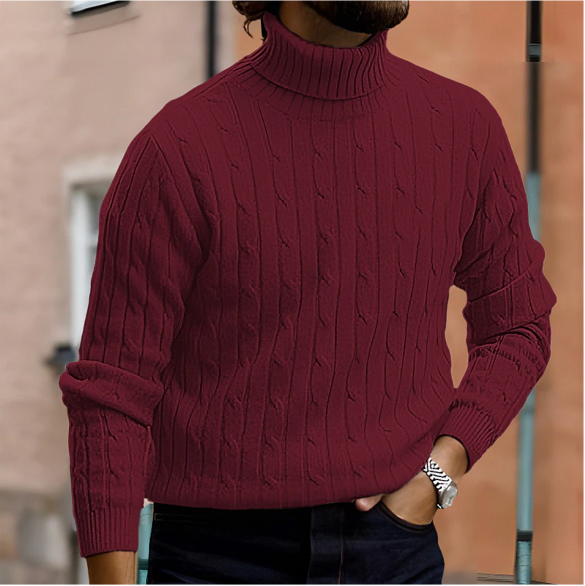 Men's slim-fit turtleneck sweater in deep red cable knit texture, long sleeves, ribbed cuffs