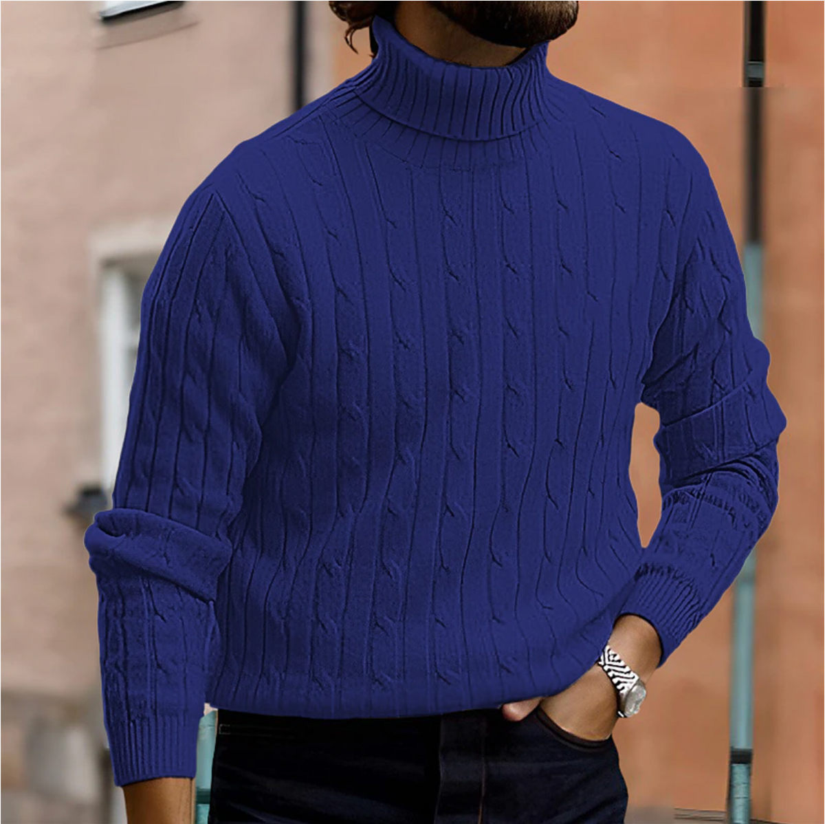 Men's slim-fit turtleneck sweater in royal blue cable knit texture, long sleeves, ribbed cuffs
