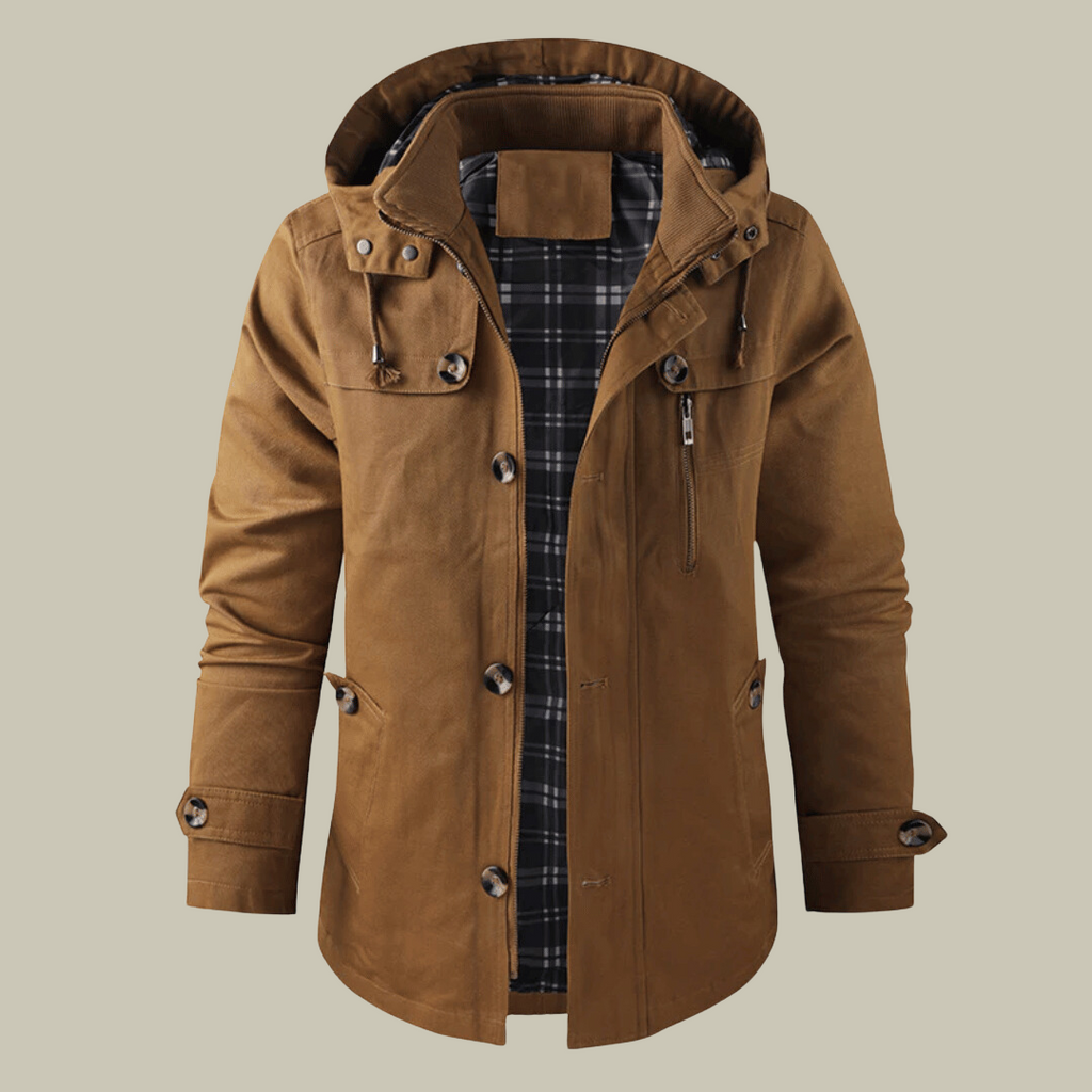 Men's brown winter parka jacket with hood, button front and inner check lining