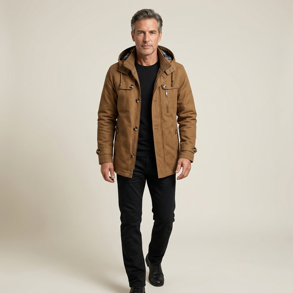 Men's Structured Winter Jacket Removable Hood Windproof Zip Closure Regular Fit Casual
